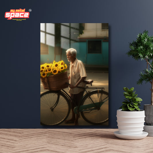 Old man selling sunflowers on a bicycle